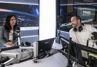 Times radio broadcasters  Aasmah Mir and Stig Abell prepare for the opening link of the first broadcast of Times Radio